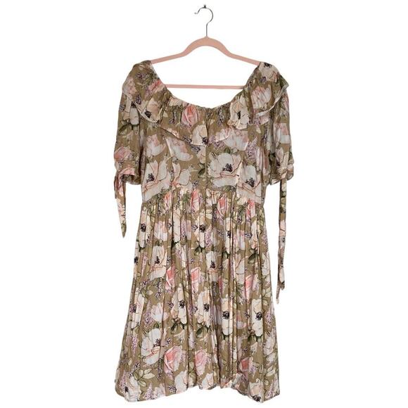 IVY CITY CO Tan Floral Mini Dress Ruffle Cottagecore Boho Fairy Size Large - Picture 2 of 7